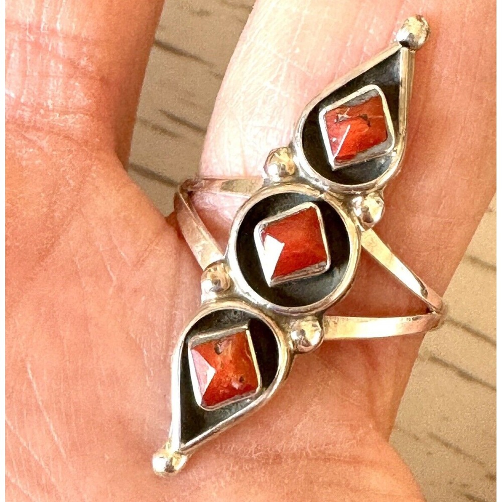 Long‎ Zuni Ring Carved Red Coral Sz 7 Sterling FC Fred Cachini Native Amer